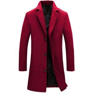 Men's Red Wool Blend Pea Coat Notched Collar Single Breasted Overcoat